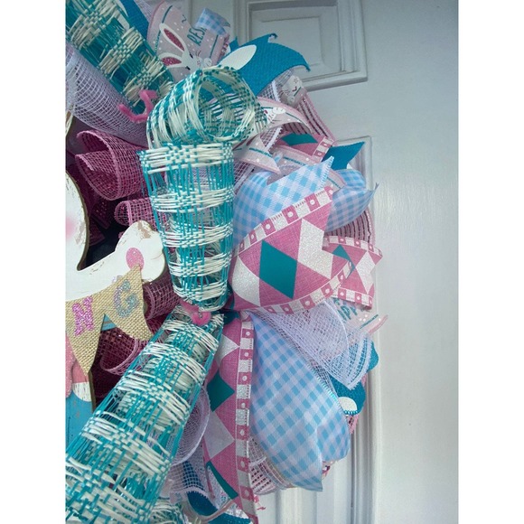 Pink Blue & White Easter Bunny Rabbit Spring Deco Mesh & Ribbon Wreath xxx - Picture 6 of 9